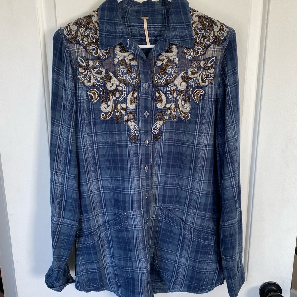 Free People Beaded/Embroidered Button Down Shirt